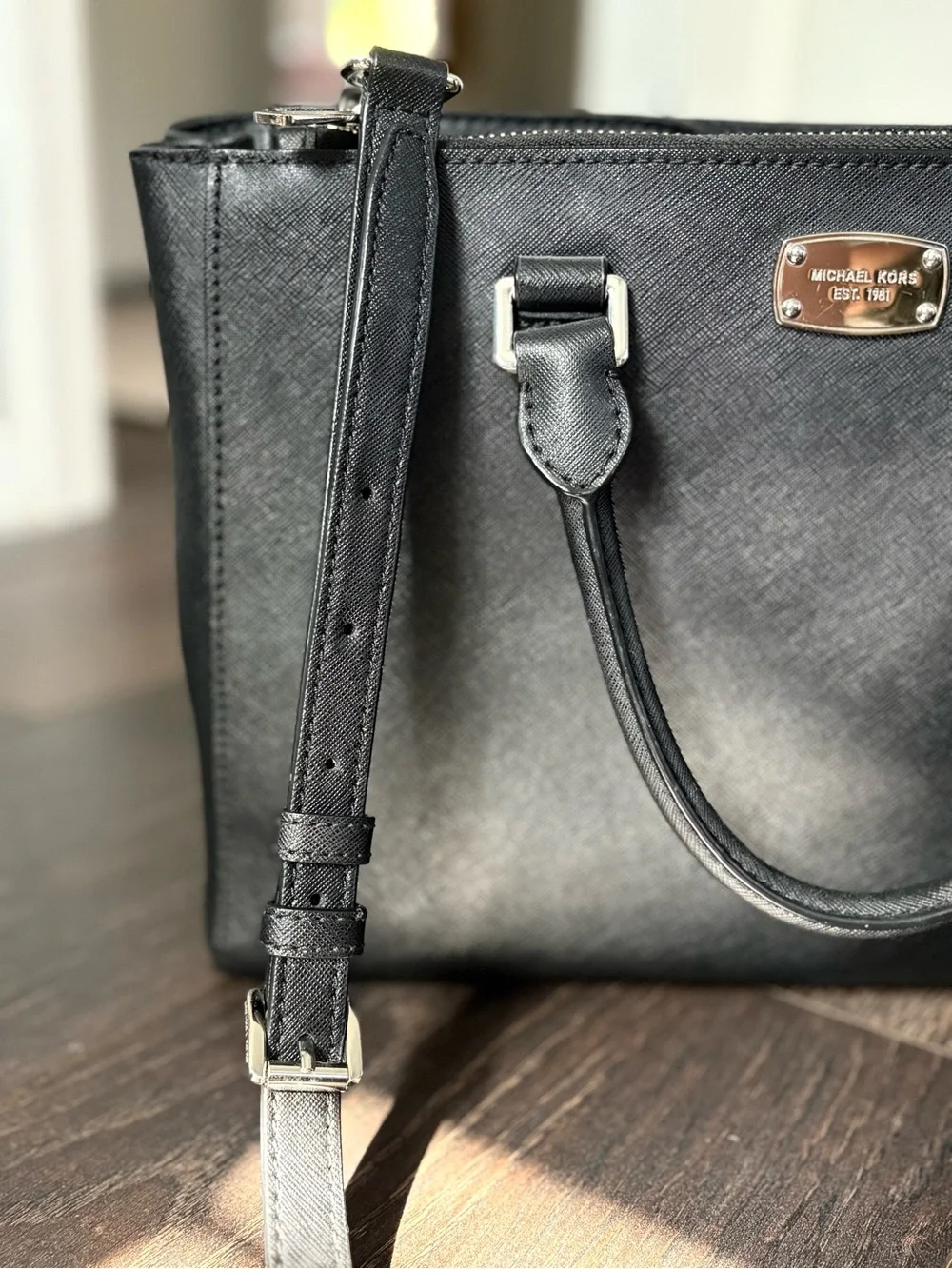 Michael Kors Black Saffiano Leather Purse With Silver Hardware & Crossbody Strap